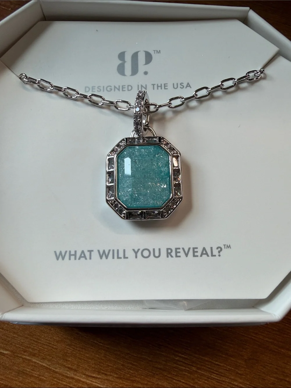 Silver Pendant Necklace with Aqua Blue Resin Center
